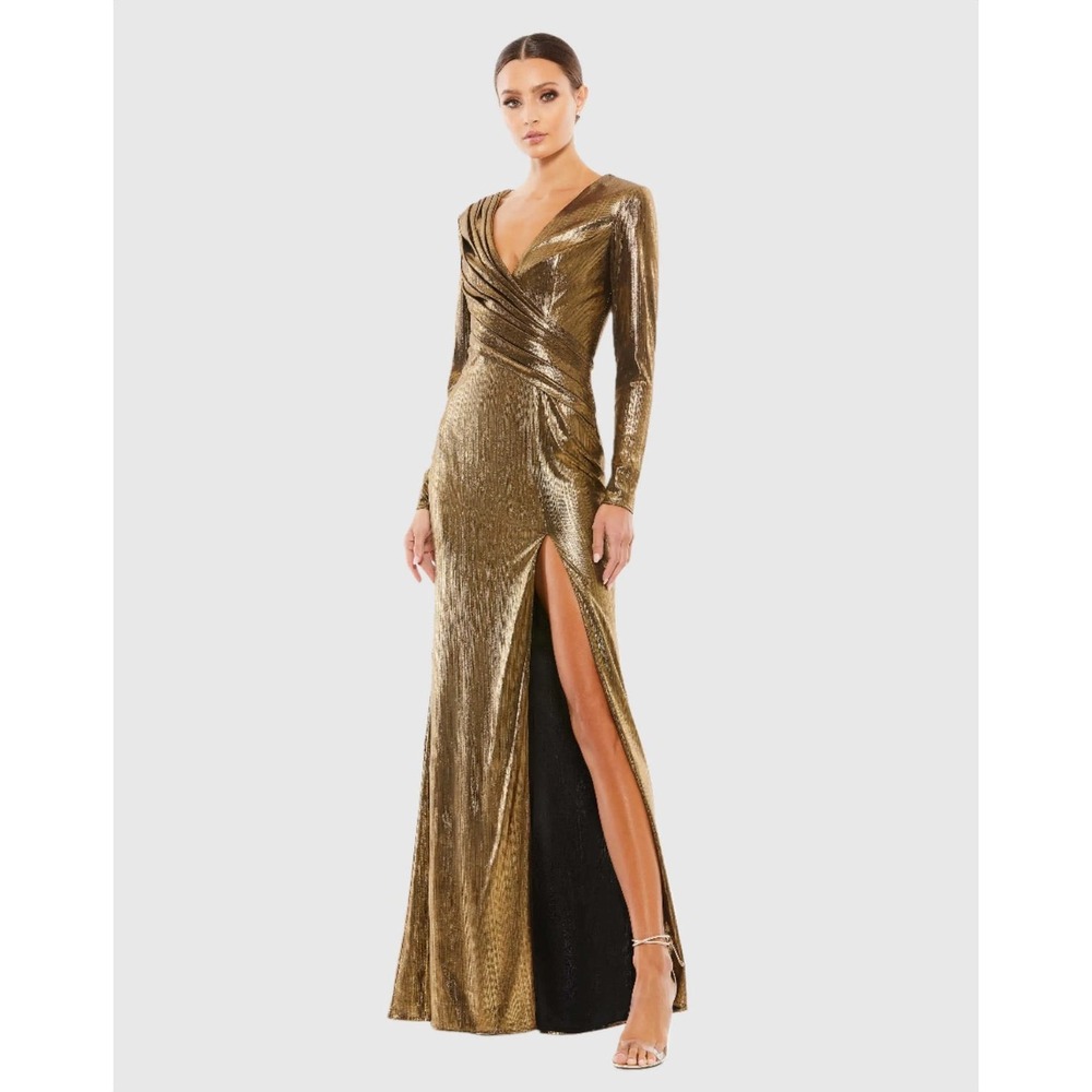 Ieena for Mac Duggal Gold Metallic Long Sleeve Gown V-Neck Maxi Dress 26684